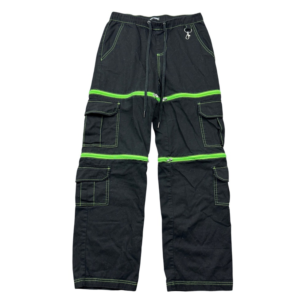 Hot Topic Black Green Zipper Cargo Pants Women Size 3 Grunge Festival Rave Y2K